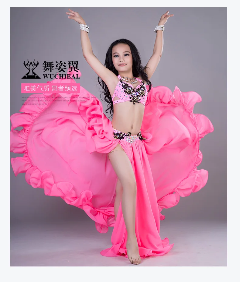 Роскошный костюм для танца живота ручной работы для детей/девочек, сексуальный костюм для соревнований по восточным танцам, S/M/L, розовый, зеленый