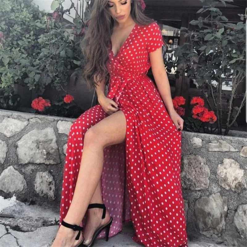 Cross-border amazon hot style 2019 summer new sexy polka dot dress slit short sleeved beach dress S-3XL