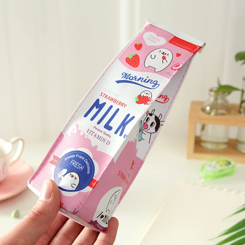 

Cute Milk Pencil Case Girls Kawaii Pencilcase PU Leather Zipper Large Capacity Pencil Box School Supplies Stationery Pensil Case