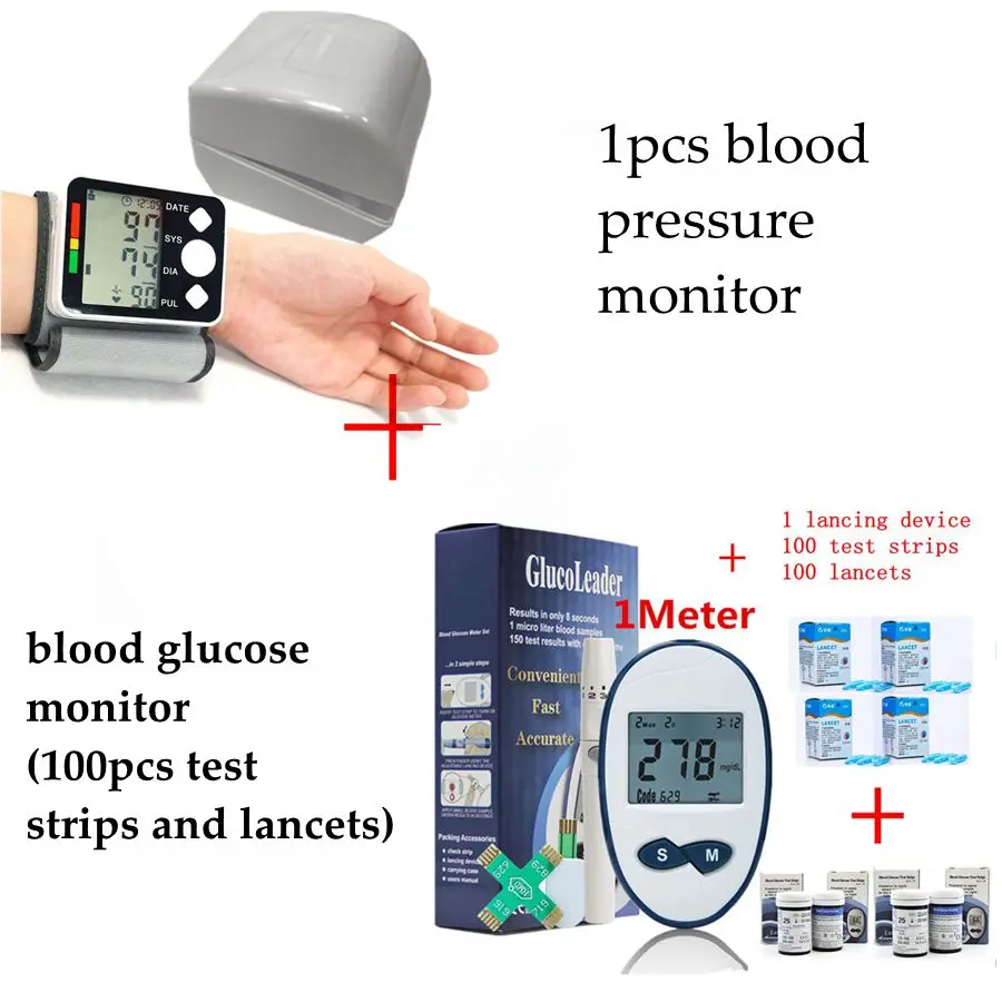Автоматический цифровой тонометр для измерения артериального давления тонометр для запястья+ измеритель уровня глюкозы в крови с 50 полосками и иглами скарификатор; сахар в крови - Цвет: BPM and BGM 100 B