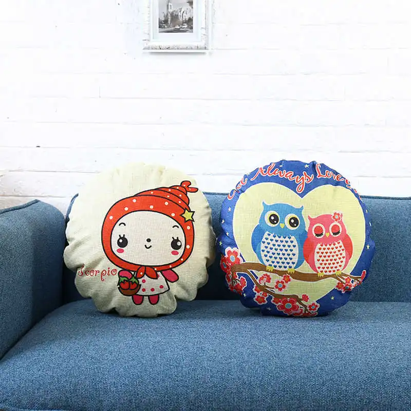 

coxeer Special Cute Linen Pillowcase Lovely Owl Couple Printed Round Cushion Cover Pillow Cover Home Decor 45x45cm Almofada New