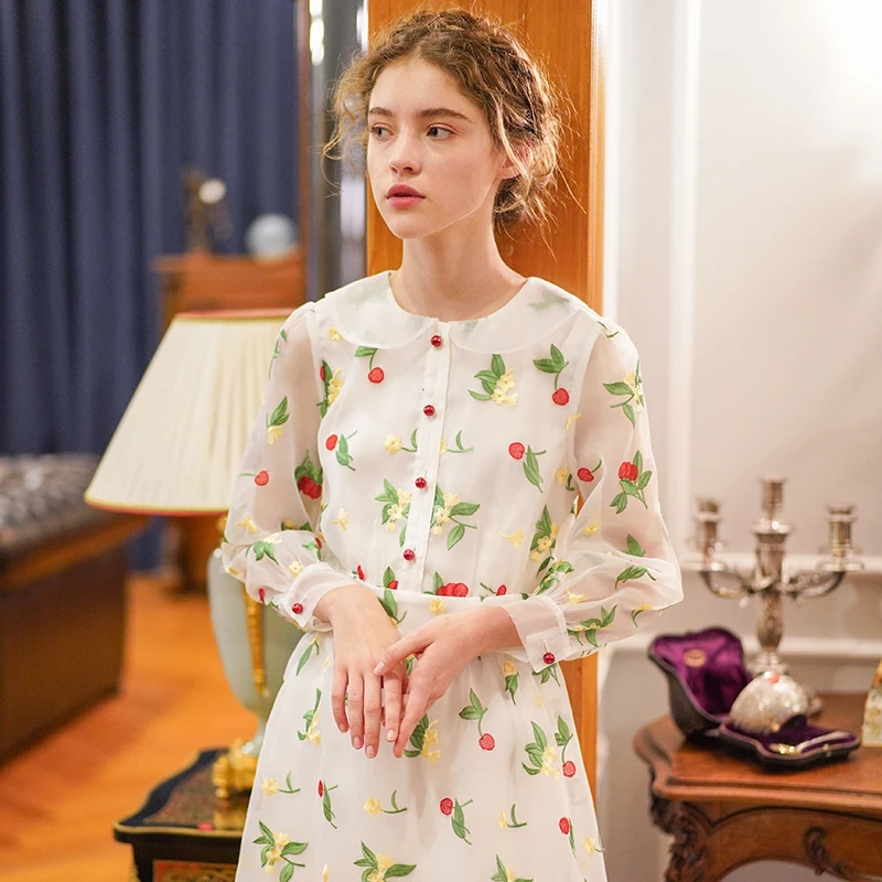 

LYNETTE'S CHINOISERIE Spring Summer Original Design Women Cherry Exquisite Embroidery Cute Peter Pan Collar Slim Dresses