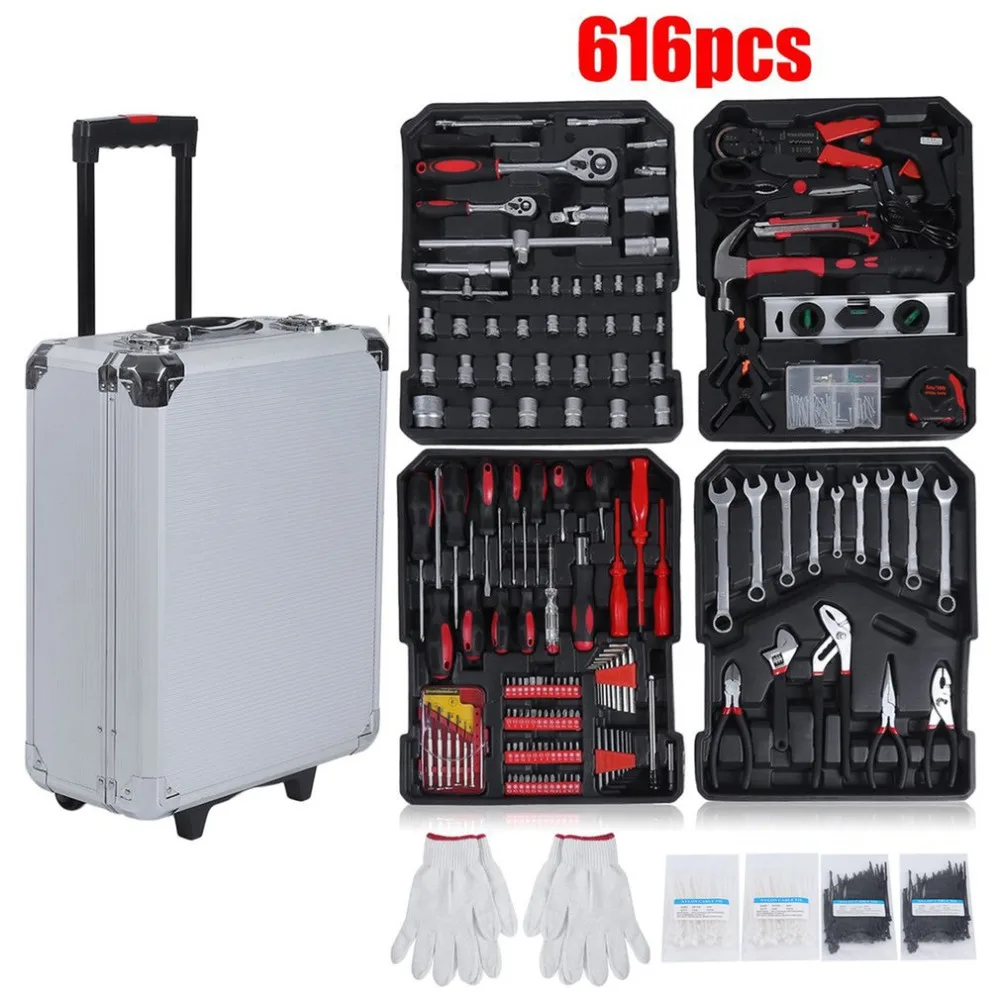 

616 Pcs High Precision Aluminium Alloy Case Box Set Household Multi Repair Tool Pliers Screwdriver With Wheels Auto Repair Tool