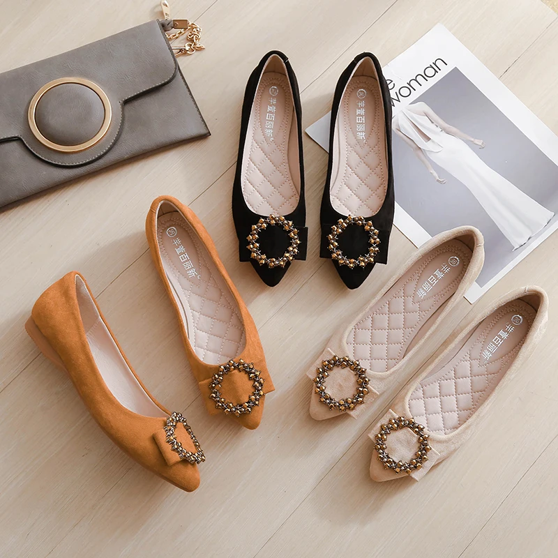 

2019 spring new wild pointed shallow mouth rhinestone flat sole shoes female