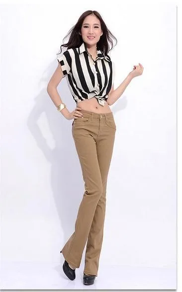 Женские повседневные узкие яркого цвета брюки облегающие обтягивающие Стрейчевые джинсы, 10 цветов слегка расклешенные брюки