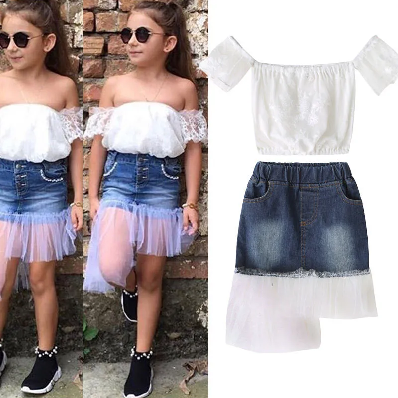 

2019 children's clothing sets summer Europe and American cotton strapless shirt + mesh denim skirt 2 pcs suit girls clothes