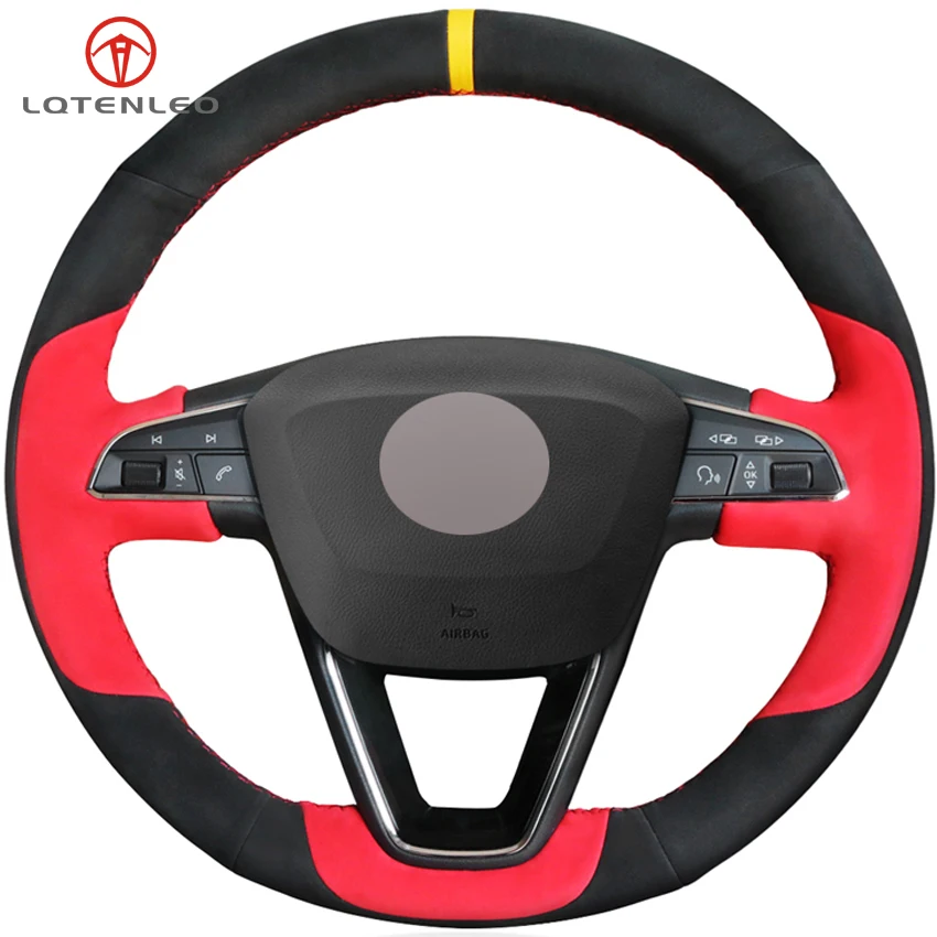 

LQTENLEO Black Red Suede DIY Car Steering Wheel Cover For Seat Leon 5F Mk3 2013-2019 Ibiza 6J Arona Ateca Alhambra 2016-2019