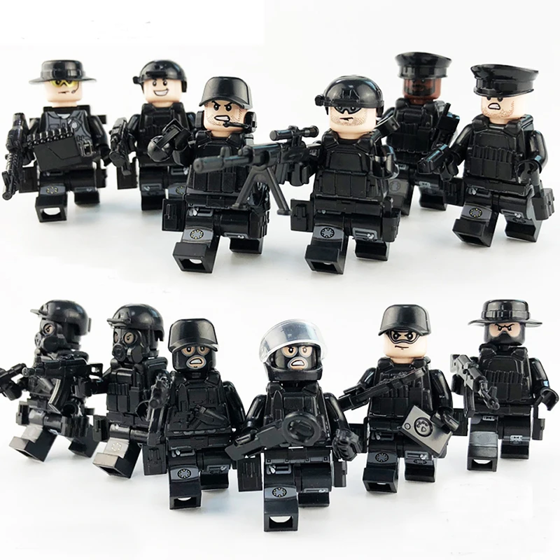  12pcs LegoINGlys Military Mini Figures SWAT City Police with Weapon Bulletproof vests Mask Building