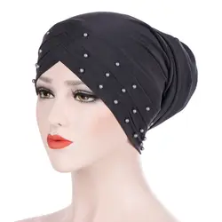 Новый для женщин тюрбан шляпа мусульманский хиджаб бусины Рак Кепка chemo дамы хиджаб стрейч мусульманский хиджаб шарф головные турбины