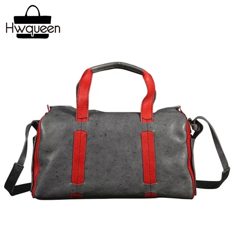 

Unique Color-mixed Designer Genuine Leather Women Shoulder Bag Soft Cowskin Female Gray Boston Purse Zipper Closure Lady Handbag