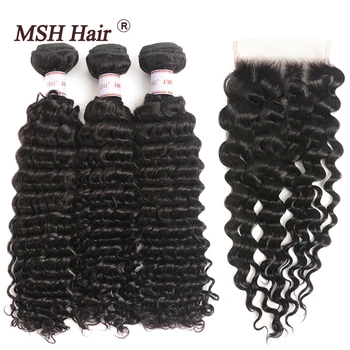 

MSH Hair Brazilian Deep Wave Hair Bundles With Closure Natural Black Human Hair 3 Bundles With Lace Closure Non Remy Hair