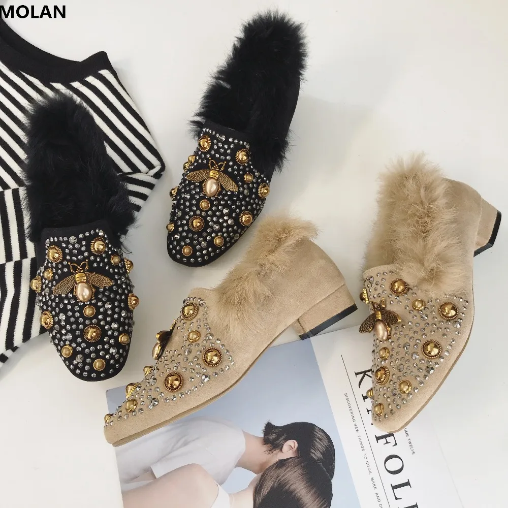 

MOLAN Brand Designers 2018 Winter Fashion Bee Rivet Crystal Woman Furry Shoes Med Square Heels Pumps Soft Hair Slip On Loafers