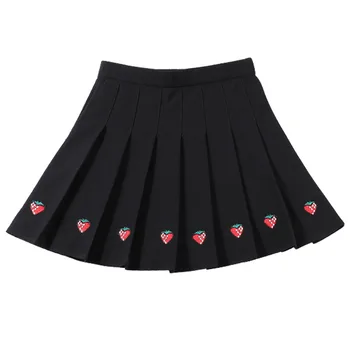 

S-XXL A-Line Women High Waist Pleated Skirt Cute Strawberry Embroidery Sweet Student Skirt Elastic Waist Safety Pants Mini Skirt