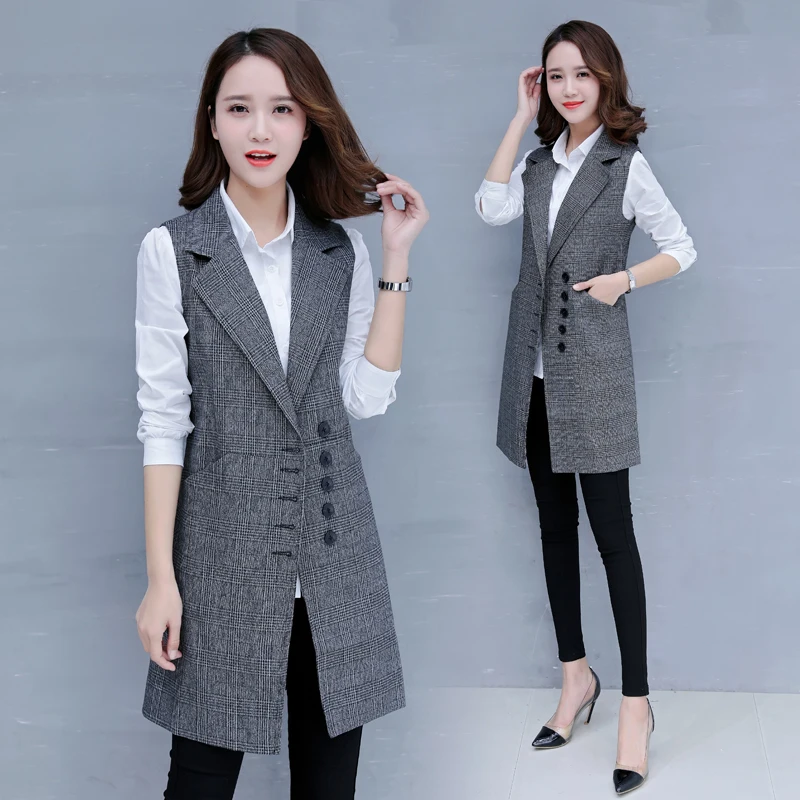 font b Women s b font Spring Autumn Sleeveless Blazer lattice Vest Long Vest Waistcoat