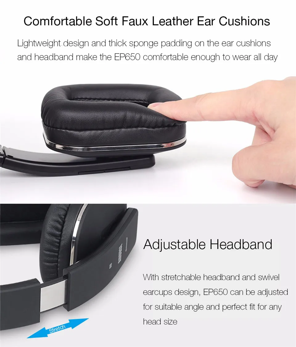 August EP650 Bluetooth Headphones with soft ear muffs and flexible headband