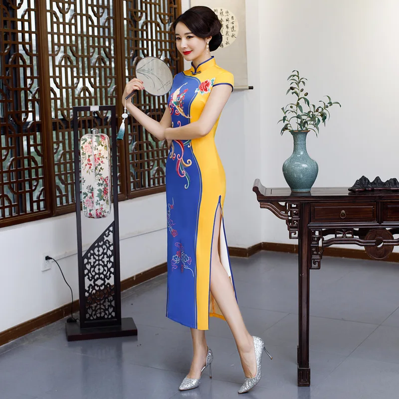 Весеннее длинное платье Qipao женское традиционное атласное шелковое китайское с