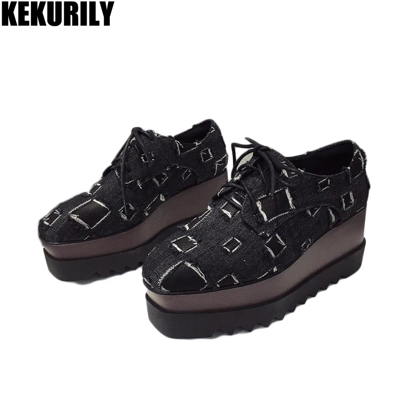 

Woman Shoes Denim Wedge Oxfords fringe lace up Square Toe Sneakers ladies Winter Platform Loafers zapatos de mujer Black Camel