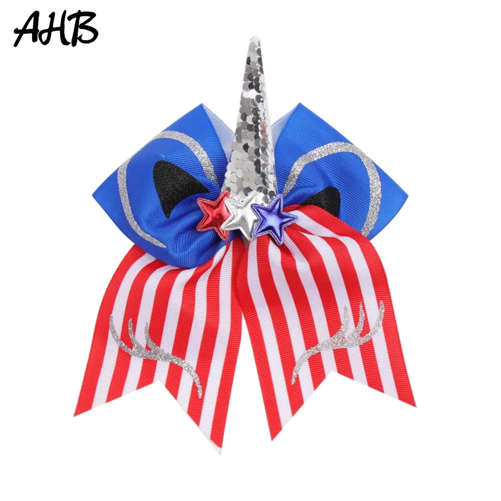 

AHB 4th of July 7" Striped Large Hair Bows with Clip for Girls Cheer Bows with Sequin Horn Cute Cat Style Party Hair Accessories