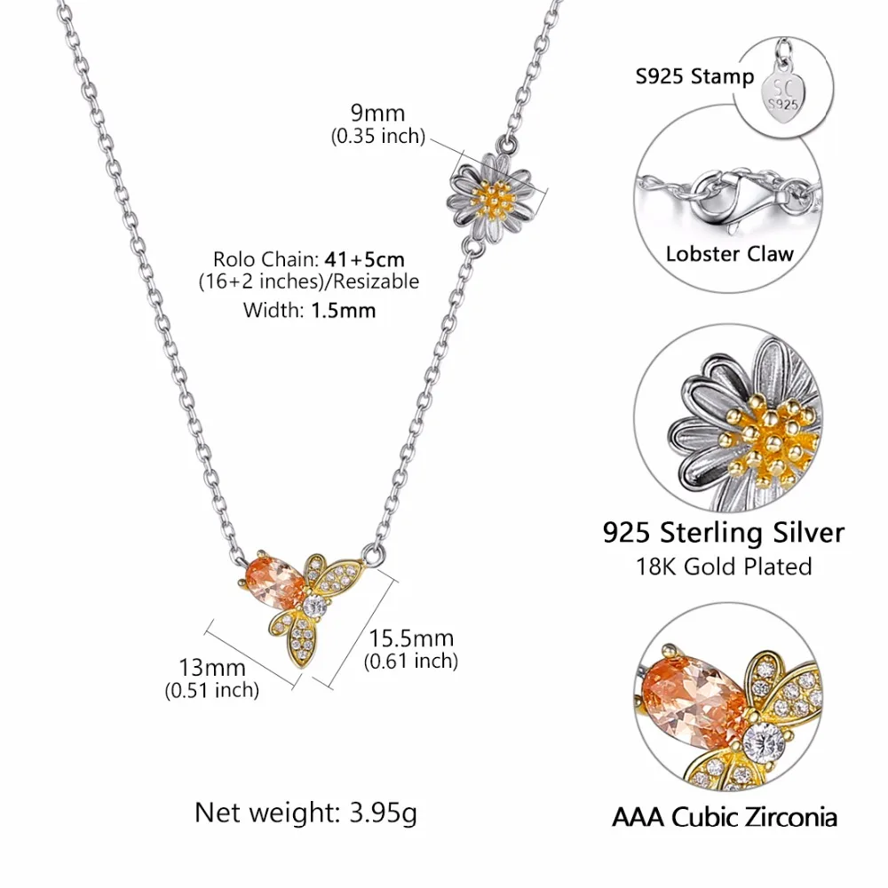 SILVERCUTE Bee ожерелье с цветок ромашка 925 серебро оранжевый камень насекомое кулон s