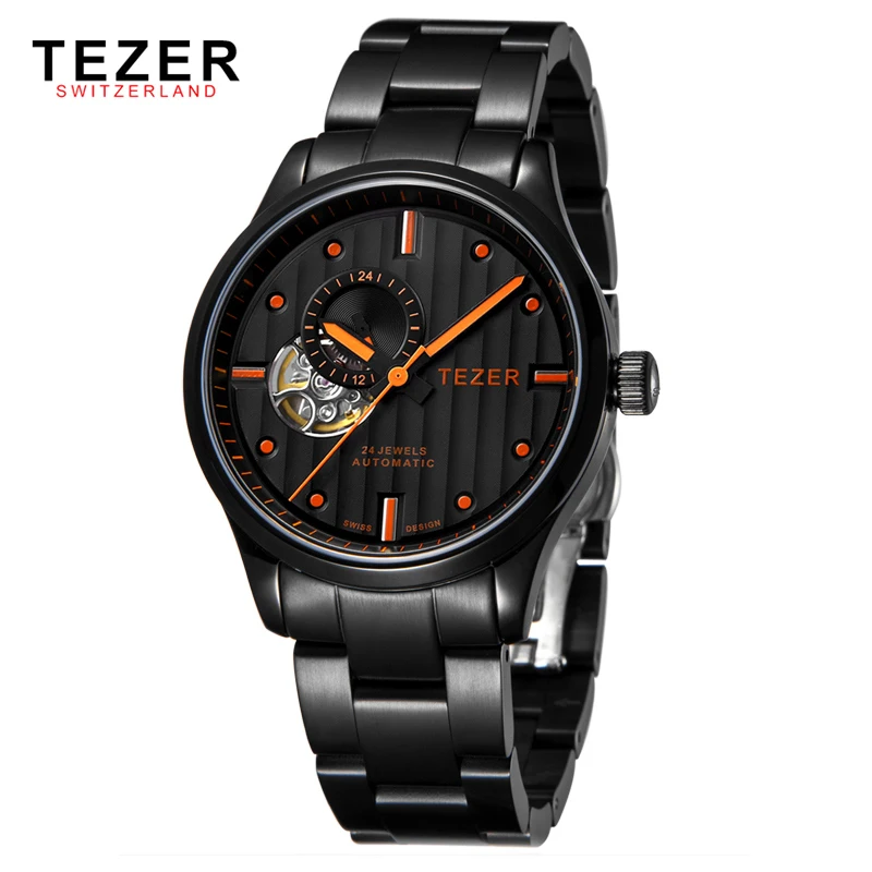 TEZER Famous Brand Watches Mens Black Stainless Steel Automatic Self Wind Tourbillon Wrist Watch For Men