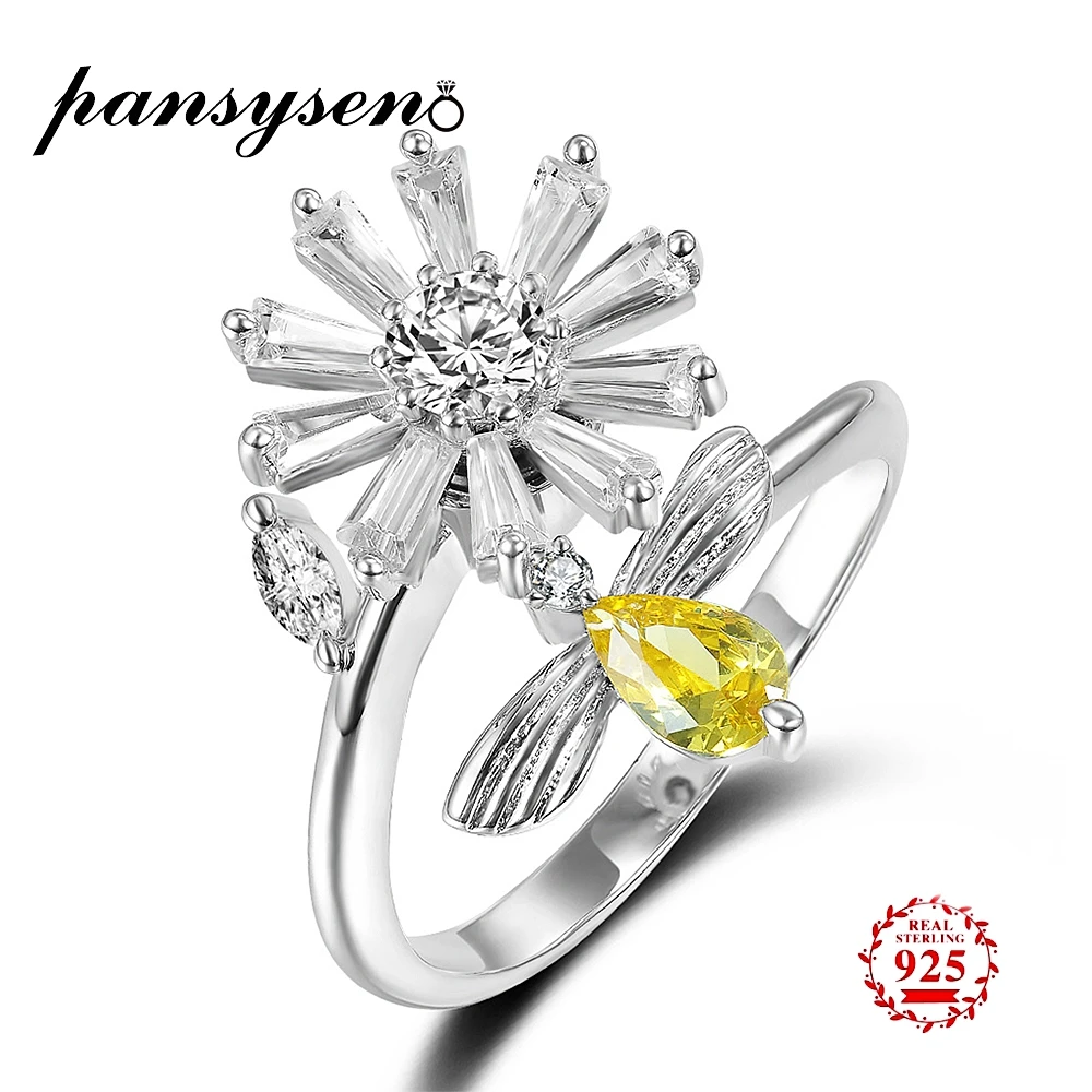 

PANSYSEN Genuine 100% 925 Sterling Silver Adjustable Flower Honeybee Finger Rings for Women Wedding Engagement Open Jewelry Ring