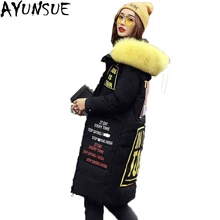AYUNSUE с буквенным принтом 90% Женская пуховая куртка пальто с капюшоном из натурального Лисьего меха длинная толстая Doudoune Femme тонкая теплая пуховая парка ST045
