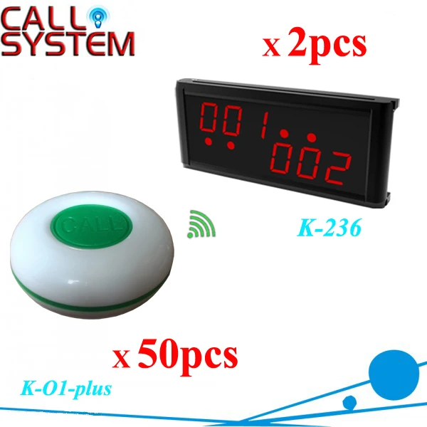 433MHZ Restaurant Coffee Bar Wireless Call Calling System Waiter Service Paging System K-236+O1-plus (2 receivers+50 buttons)