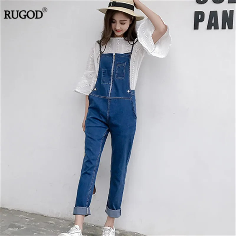 RUGOD Zipper Design Spaghetti Strap Jean Pants Women High Waist Skinny