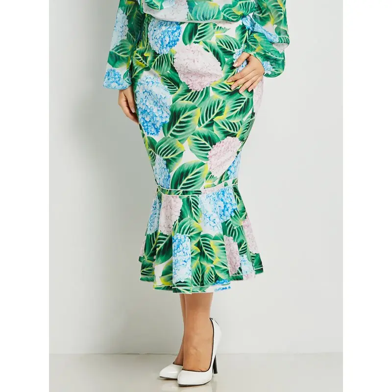 

Floral Print Plus Size Women Skirt Mermaid Sexy Bodycon Slim Green Summer Elegant Party High Waist Midi Fashion Skirts Female