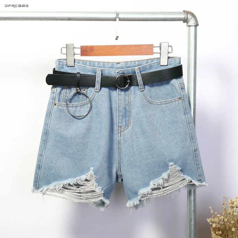 

Loose Plus Size Ripped Women Jeans Shorts With Belt Vintage High Waist Summer Denim Shorts Female Blue