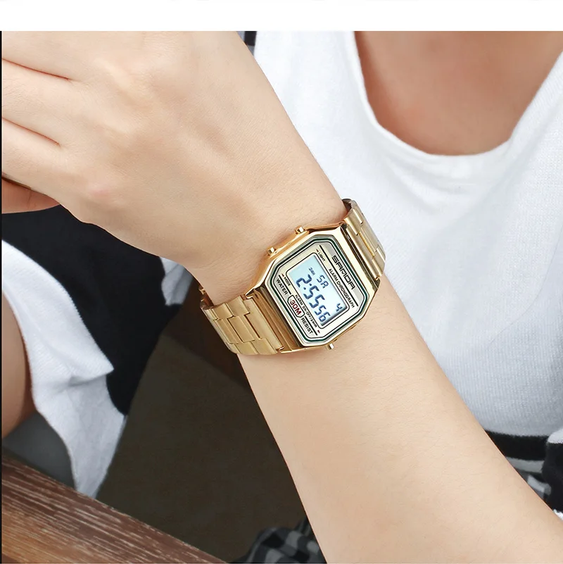 2018 Санда Спорт пару часов Для женщин роскошный золотой светодио дный электронные цифровые Для мужчин часы Водонепроницаемый дамские часы