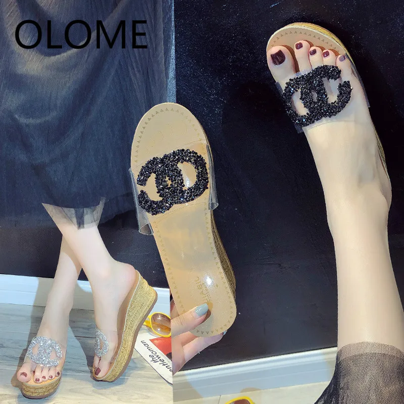 

Sequined Slope-heeled Sandals for Women in Summer 2019 New Style Outside Wear Thick-soled High-heeled Slippers