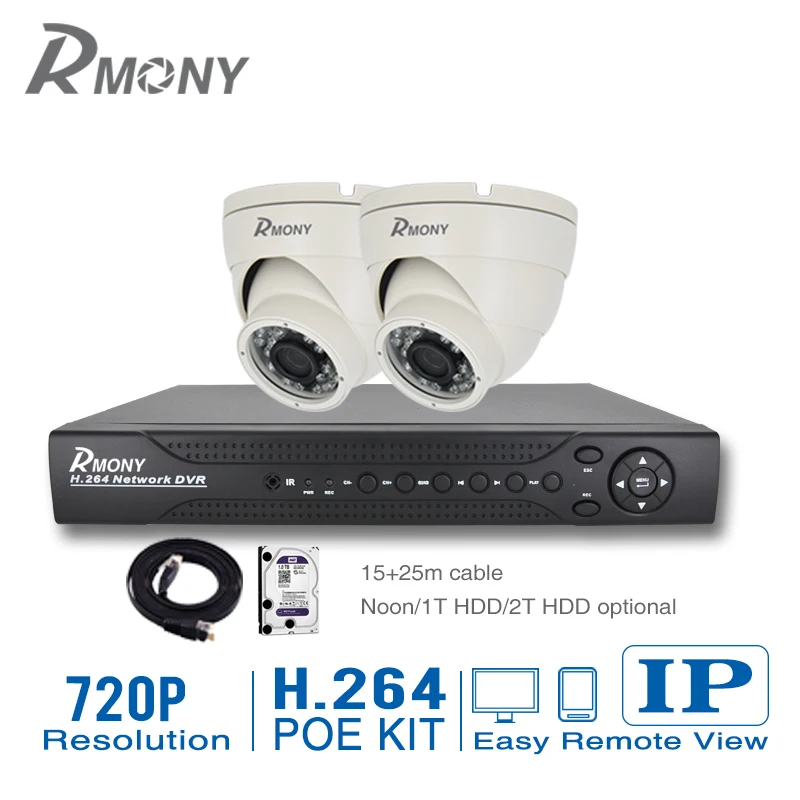 2CH IP POE Surveillance System 2PCS Dome Indoor 720P Camera 4 Ch POE NVR1.0 Megapixel Infrared Night Vision Home IP POE CCTV Kit