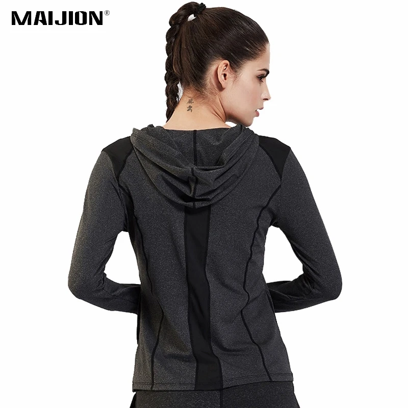

MAIJION Women Quick Dry Hooded Yoga Jacket Stretch Breathable Gym Fitness Yoga Shirt Tops Slim Long Sleeve Running Sport Shirts