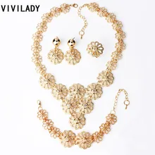VIVILADY модный хрустальный цветок Ювелирные наборы для женщин браслет серьги ожерелье золотистое кольцо костюм ювелирные изделия свадебный подарок