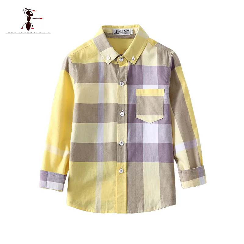 

KungFu Ant 2018 Cotton Long Sleeve Turn-down Collar Yellow Plaid Children 3-10 Years Old Kids Boys Shirts 2349