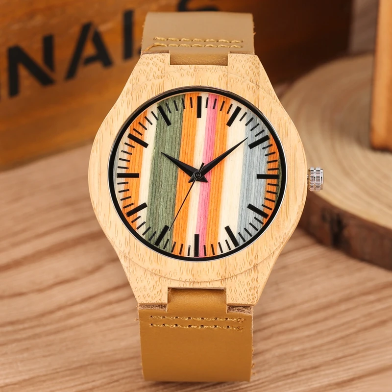 

Men's Wood Watch Unique Stripes Colorful Case Wooden Quartz Wristwatch for Male Fashion Casual Leather Band reloj para hombre