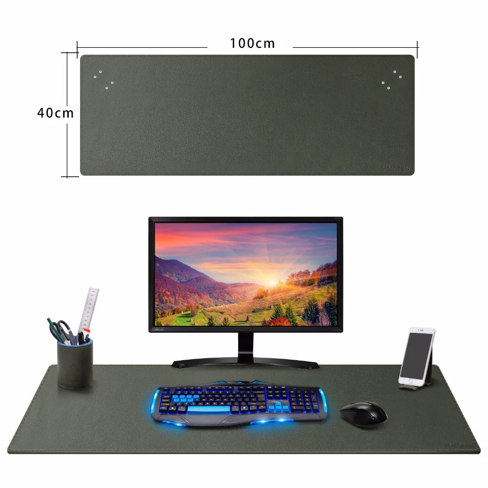 

Leather Desk Pad,39.4" x 15.5" Artificial leather Large keyboard Mat Mouse Pad with Pen Holder and Cell Phone Holder Stand