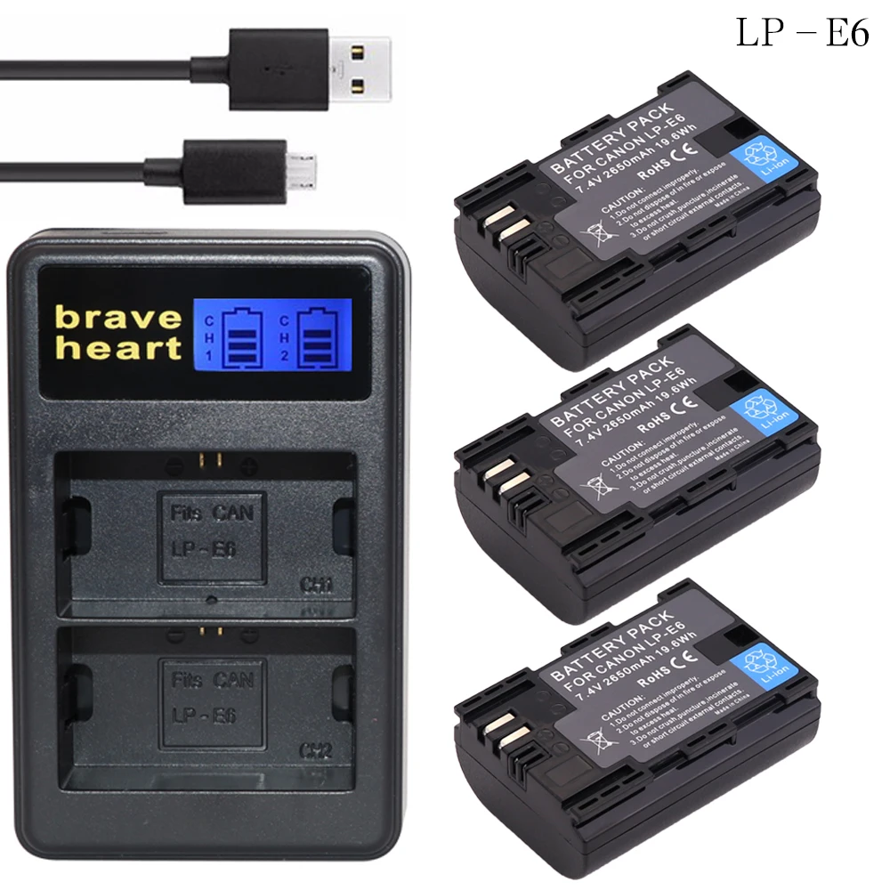 

3x LP-E6N 2650mAh LP-E6 LP E6 E6N lpe6 Battery + LCD DUAL charger For EOS 5D 5D2 5DS R Mark II 2 III 3 6D 60D 60Da 7D 7D2 7D 80D