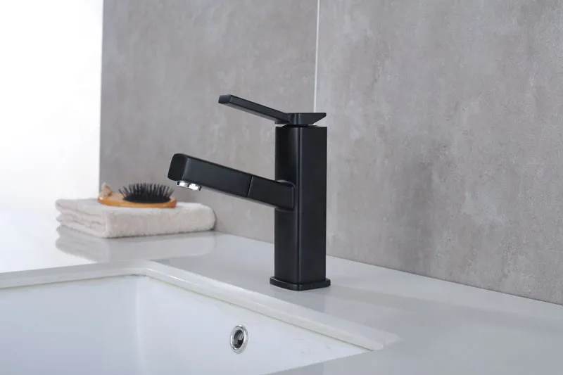 

Unique Square Matte Black Pull Out Lavatory Vanity Basin Faucet, Single Handle Pull Down Wash Basin Bathroom Mixer Faucet