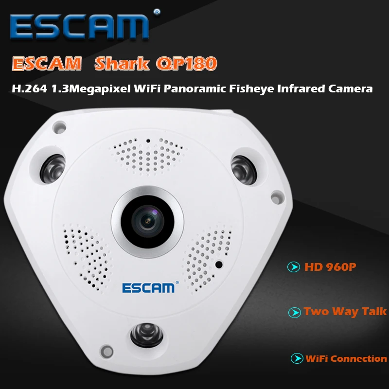 ESCAM shark QP180 HD 960P H2.64 1.3MP 360 degree panoramic fisheye infrared camera VR camera support VR box and two way talk