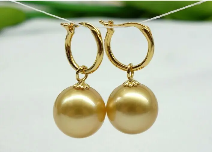 

beauty a pair AAA++11-12mm south sea gold round pearl dangle pearrings 14KGP