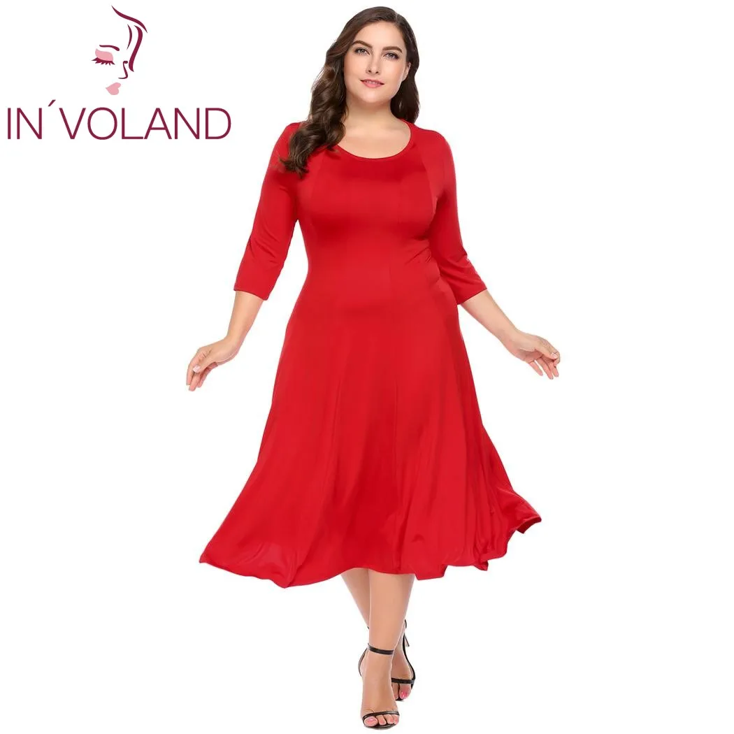 

IN'VOLAND Plus Size Women Dress 4XL Autumn 3/4 Sleeve A-Line Flared Midi Long Basic Dresses Feminino Vestidos Mujer Oversized