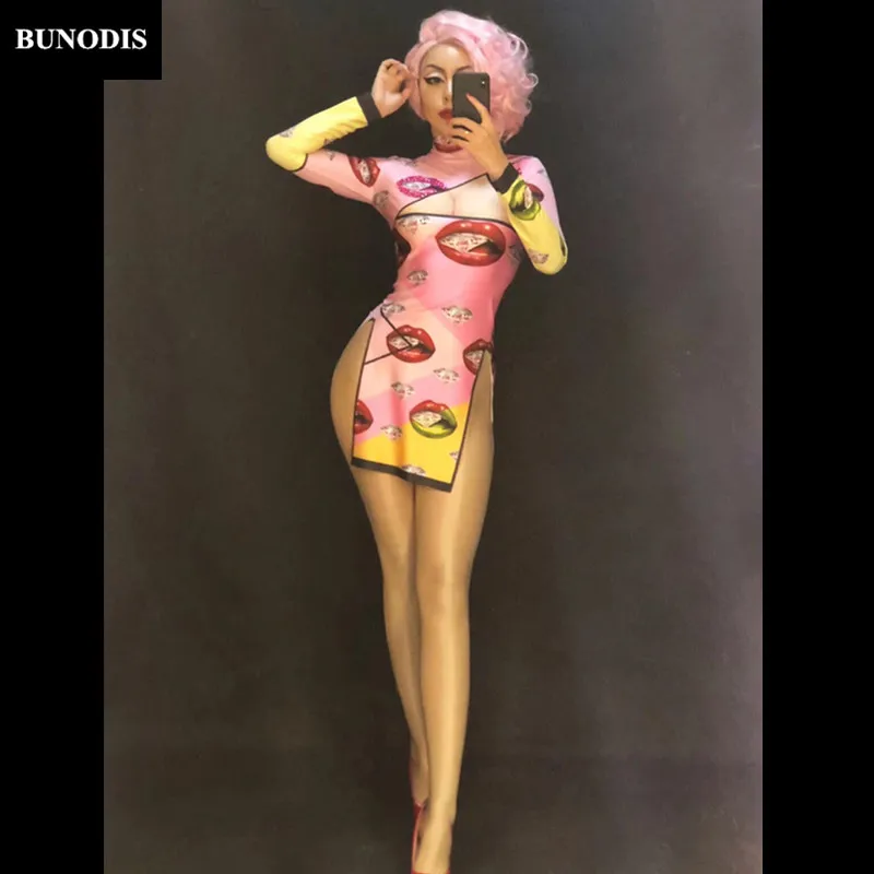 BU331 Для женщин Сексуальная короткая юбка Cheongsam 3D с принтом губ со стразами для