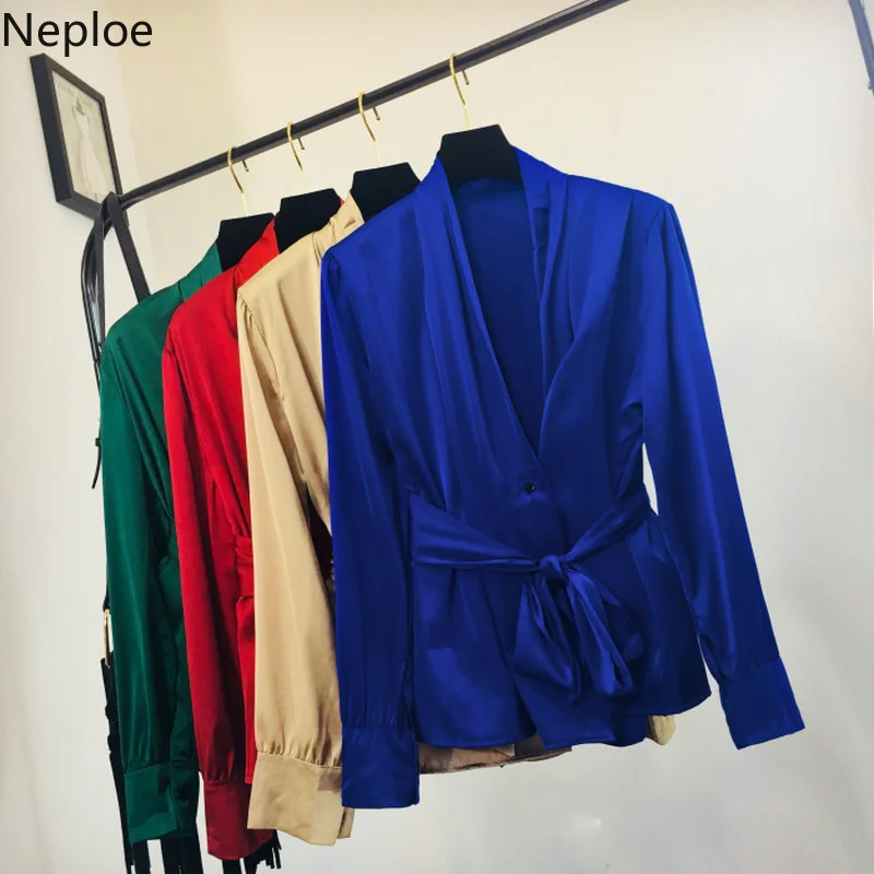 Neploe Весна Blusas Mujer De Moda Новые однотонные женские блузки на шнуровке с поясом Корейская элегантная рубашка с v-образным вырезом и длинным рукавом 43023