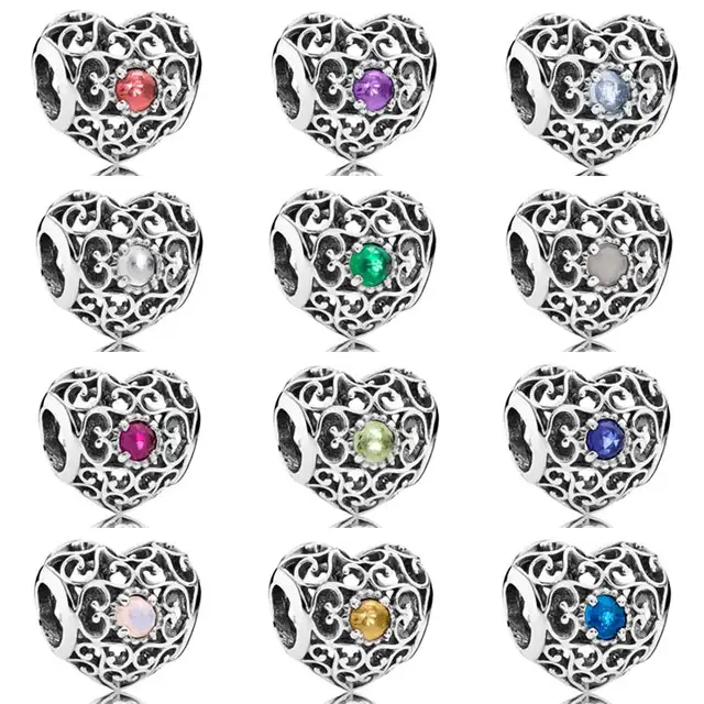 Month Signature Heart Birthstone With Crystal Charm Beads Fit Month Signature Heart Birthstone With Crystal Charm Beads Fit Pandora Bracelet Bangle 925 Sterling Silver Bead