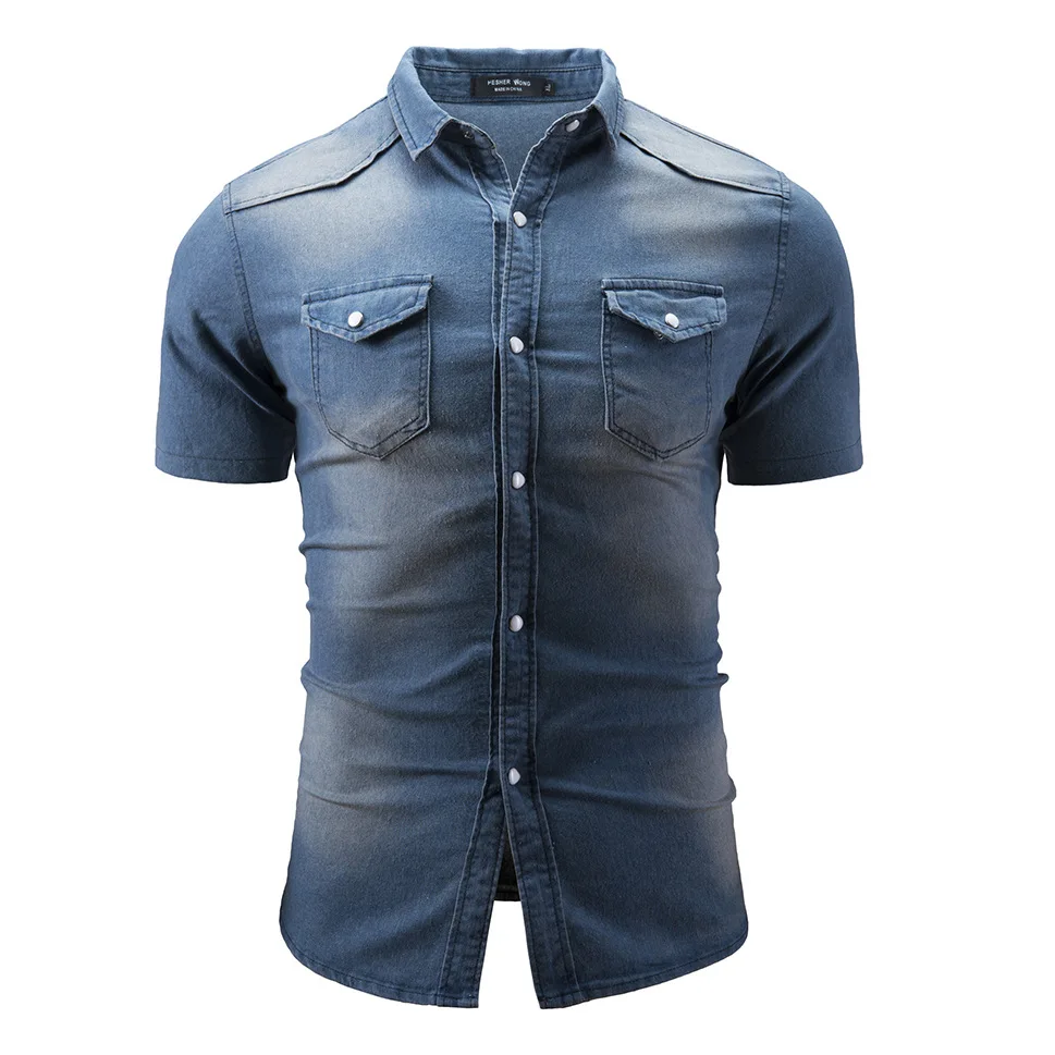 IceLion, новинка, Мужская джинсовая рубашка с коротким рукавом, Camisa Social Masculina, облегающие рубашки с карманами, модные повседневные однотонные мужские рубашки