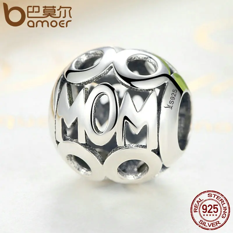 BAMOER Christmas Gift 100% 925 Sterling Silver MOM Pendant Charms for Mother Fit Women Bracelets & Necklace Fine Jewelry SCC060