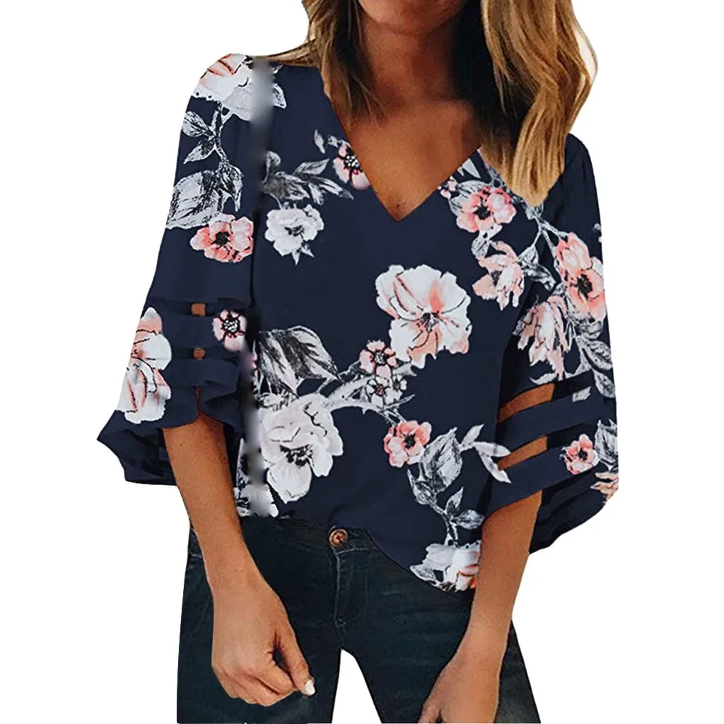 

Blusas Mujer De Moda 2019 Year Women 's V Neck Floral Mesh Panel Blouse 3/4 Bell Sleeve Casual Loose Top Roupa Women Blouses