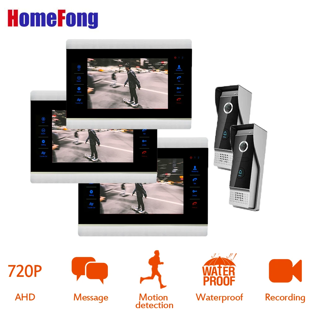 

HomeFong 7'' Video Door Phone Intercom System IP 65 Waterproof IR Camera Night Vision Multiple Monitors Support Leaving Message